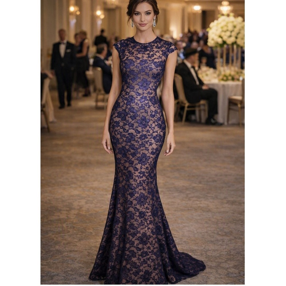 Betsy & Adam Navy Blue Floral Lace Gown Nude Lining V-Back Mermaid Dress 8